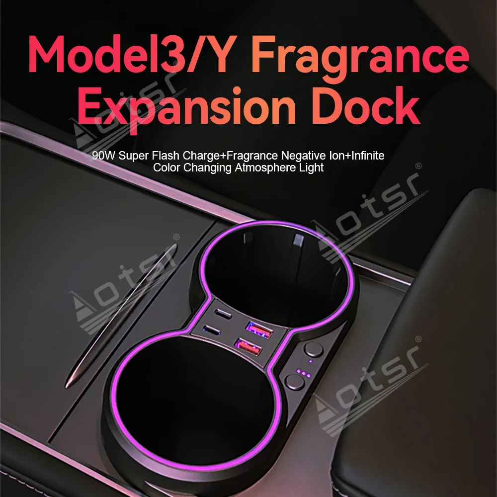 For Tesla Model 3 Y Aromatherapy Docking Station Car Charger Fast Charging Cup Holder Modification Negative Ion Aromatherapy