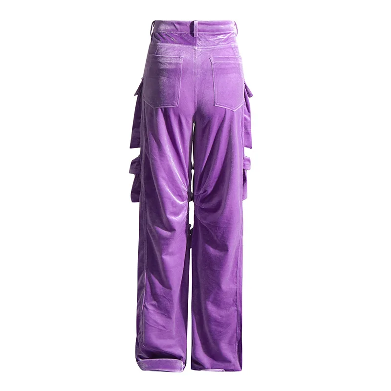 Velvet Straight Cargo Pants for Women Y2k 2023 Autumn New Fashion Design Multi Pockets High Waist Casual Trousers Streetwear