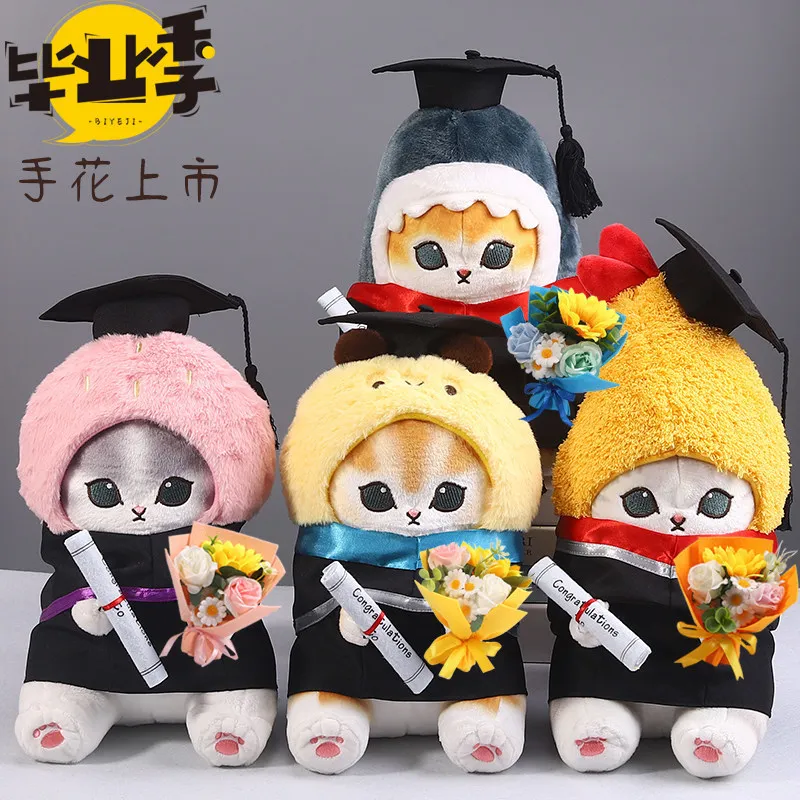Mofusand Shark Cat Bachelor'S Gown Style Plush Soft Stuffed Doll With Hat Adorable Cartoon Anime Desktop Ornament Graduate Gifts