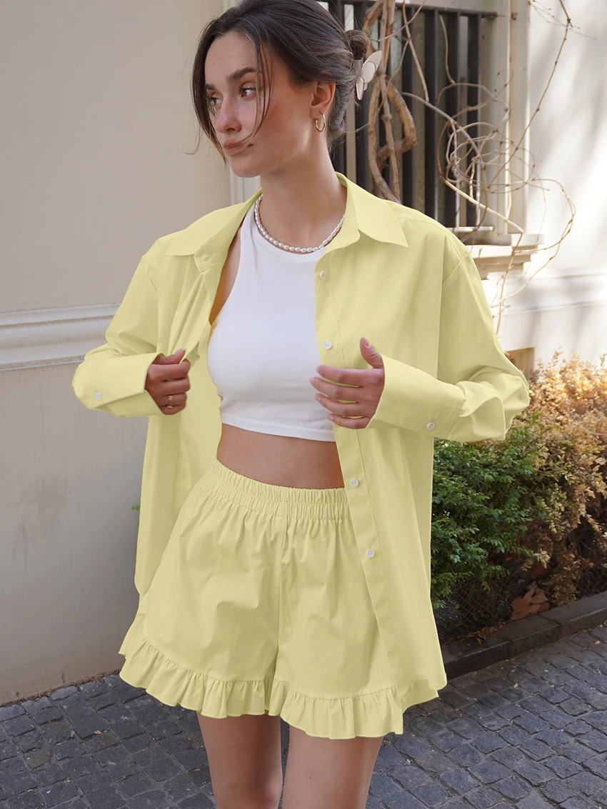 

Marthaqiqi Casual Female Pajama Set Long Sleeve Nightgowns Turn-Down Collar Nightwear Shorts Cotton Women Sleepwear 2 Piece Suit
