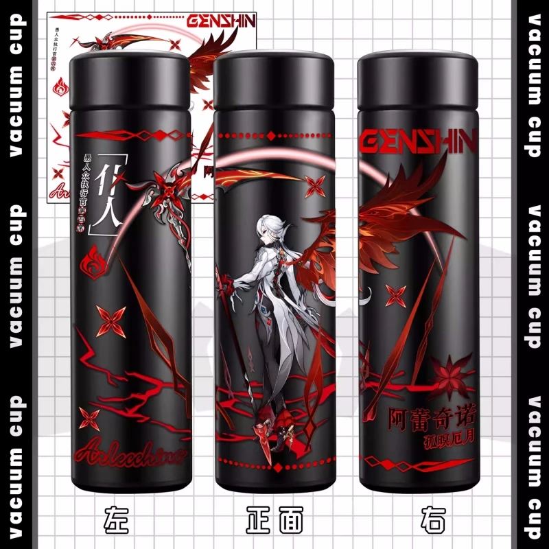 Anime Genshin Impact Zhongli Hu Tao Arlecchino 500ml Stainless Steel Thermos Cup with Temperature Display Outdoor Students Gift