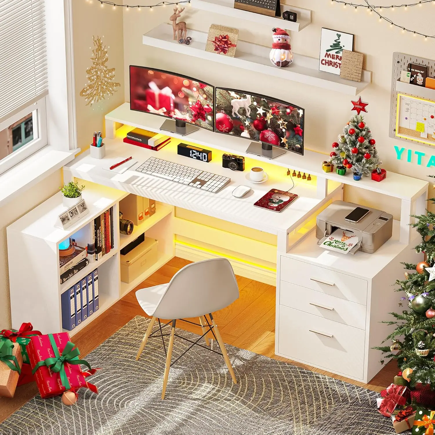 L Shaped Desk with 3 Drawers, 65" Corner Computer Desk with Power Outlets & LED Lights, L-Shaped Desk with File Cabinet