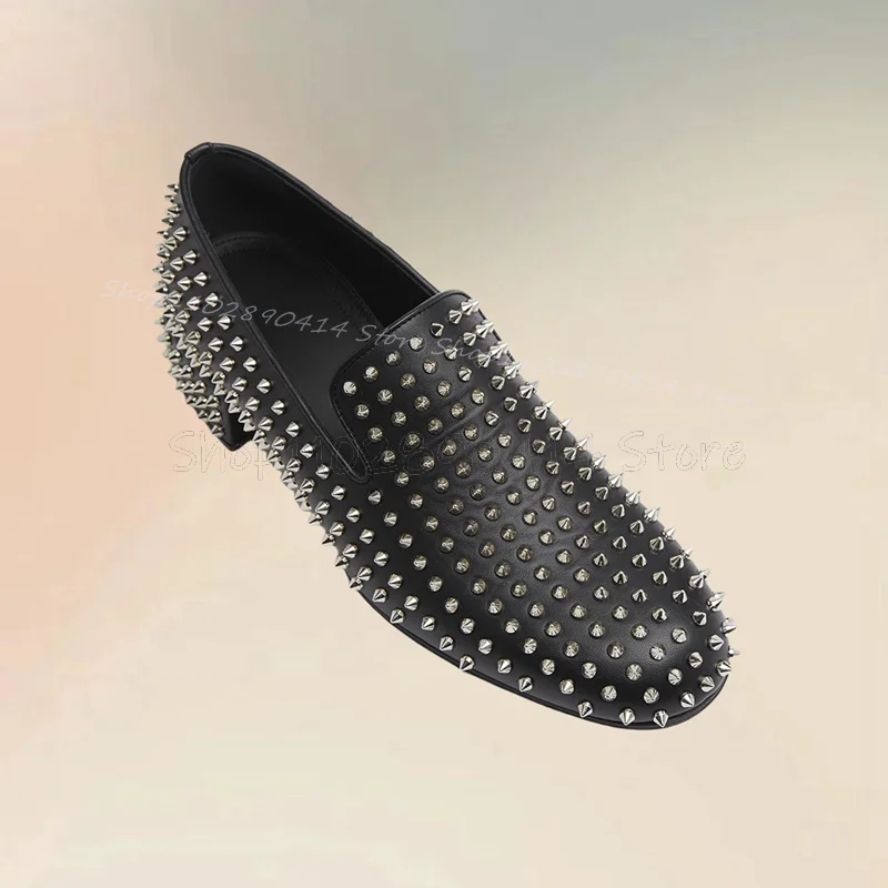 

Silver Spikes Decor Black Matte Leather Loafers Fashion Slip On Men Shoes Luxury Handmade Party Banquet Office Men Dress Shoes