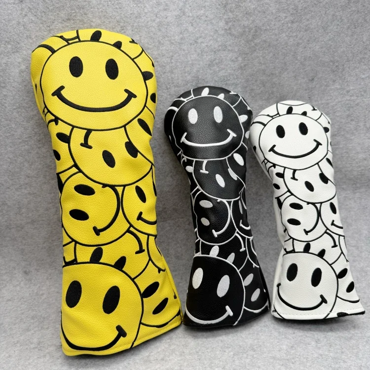 Cartoon Smiling Golf Club Driver Fairway Woods Hybrid Ut Headcover 3 Color For Golf Club Head Protect Cover