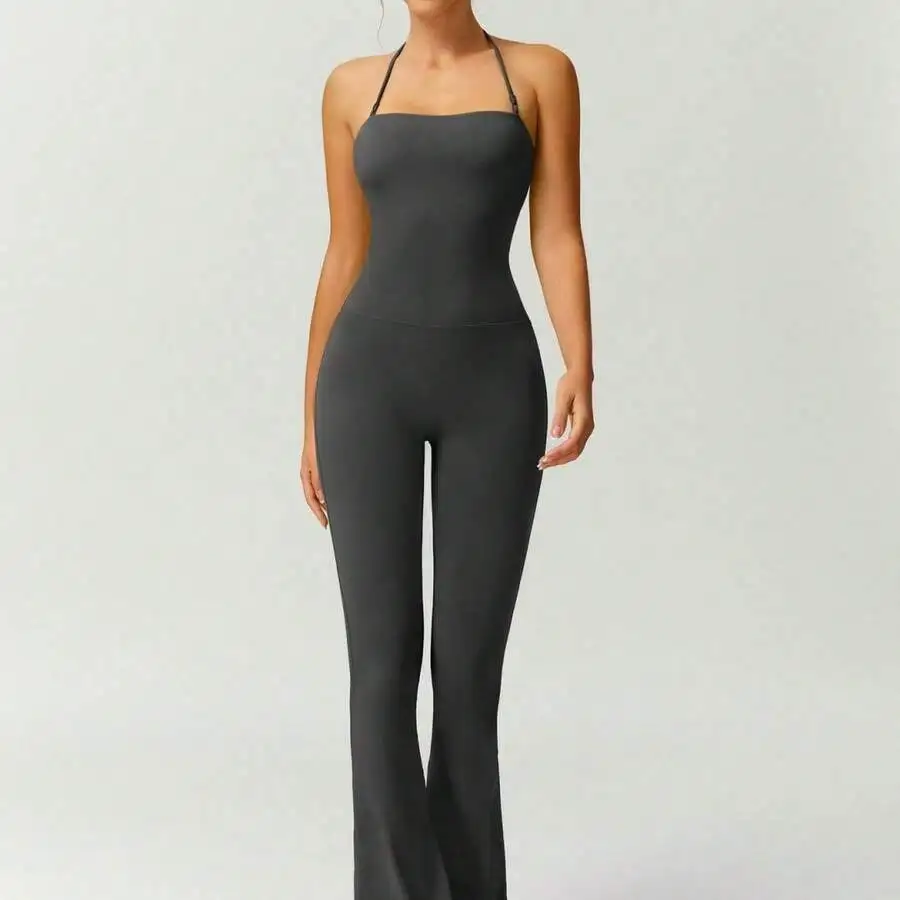 Women's Fashion Flared Yoga Jumpsuit Sleeveless Backless Tummy Control Butt Lifting One Piece Bodysuit For Gym Workout Running