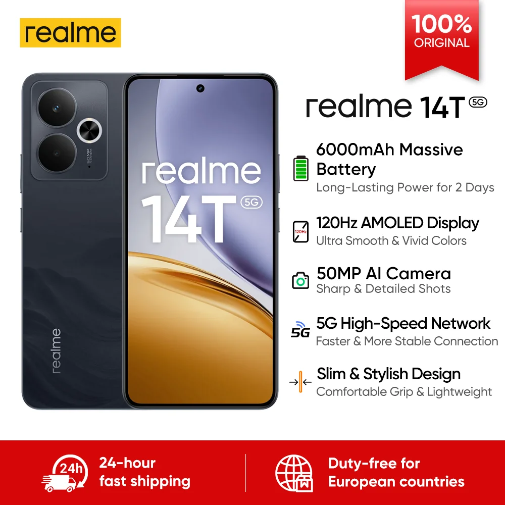 Versión Global realme 14T 5G Smartphone MediaTek Dimensity 6300 Pantalla OLED de 6.67” Batería de 6000mAh Next AI IP69 Resistente al Agua