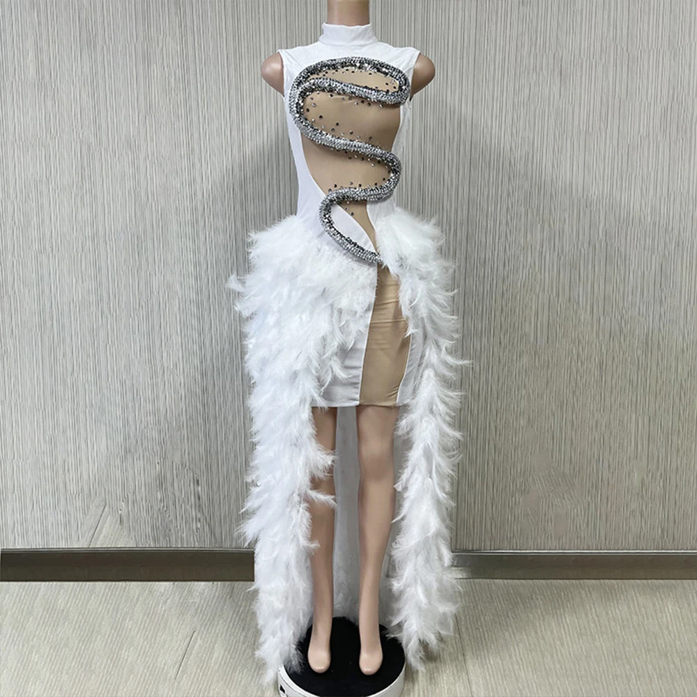 Customized New Long Sleeve Feather Streaking lace  High Elastic Sequins Sexy Tight Dress Birthday Party  Dress Performance Dress