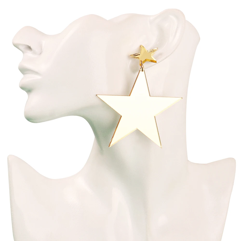 Gold Color Acrylic Shiny Mirror Big Star Drop Earrings HipHop Exaggerated Large Five-Pointed Star Pendant Earring Party Jewelry