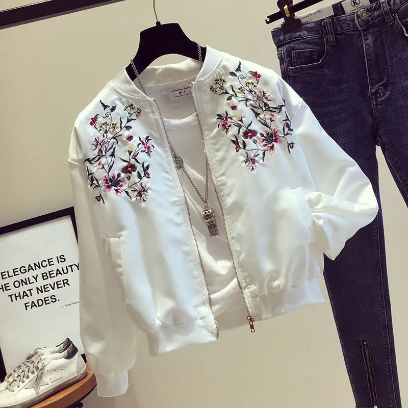 Women's Bomber Jackets Female Spring Autumn Embroidered White Baseball Aviator Coats Loose 2025 Trend New in Outerwears Modern