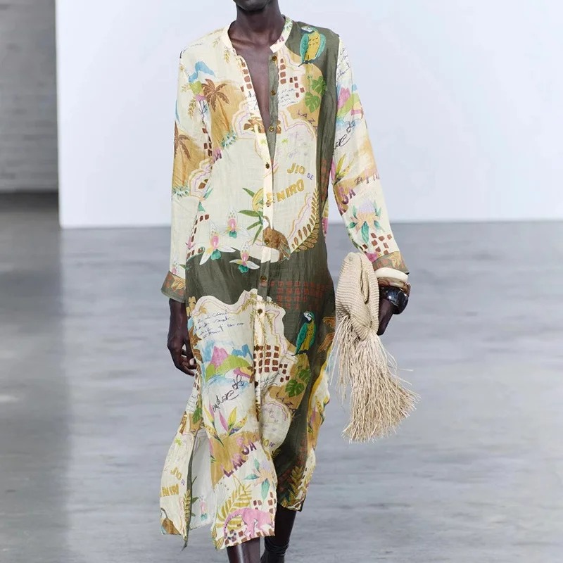 

Casual High Street Long Sleeved Bohemian Tees Spring Summer Single Breasted Loose Shirt Cardigan Fashion Print O Neck Women Top