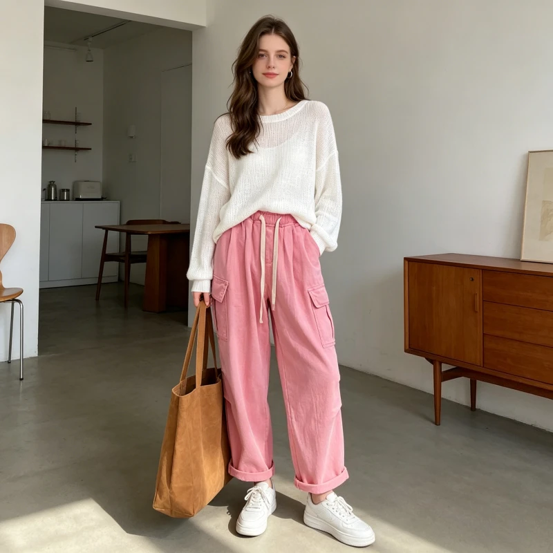 

Cargo Pants Jeans Women Denim Elastic Waist Drawstring Multiple Pocket Trousers Streetwear Vintage Washed Distressed 2026 Spring