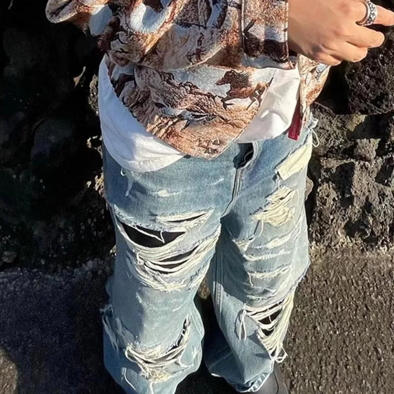 HKSH Spring Autumn New Man Punk Tide Original Design Jeans Double Layered Tassels Straight Denim Pants Baggy Holes Retro HK5655