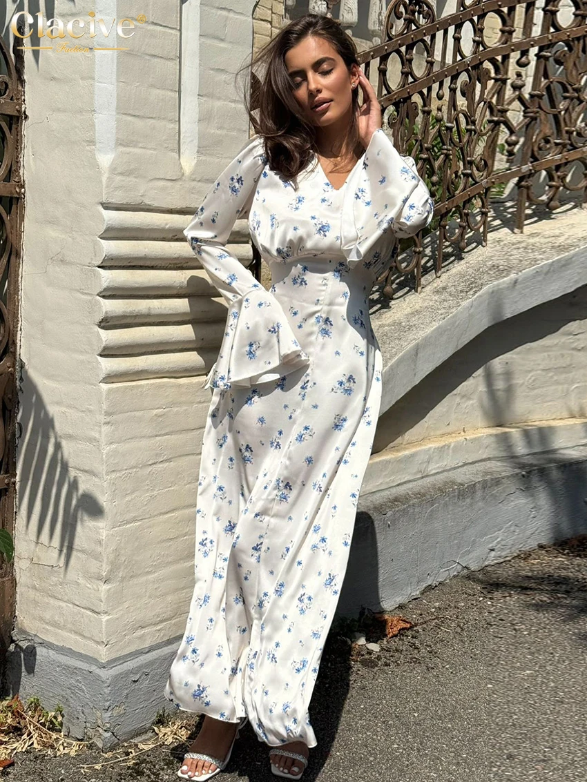 Clacive Mode Lose Druck frauen Kleid 2026 Frühling V-ausschnitt Langarm Knöchel Länge Kleider Elegante Hohe Taille Weibliche Kleid