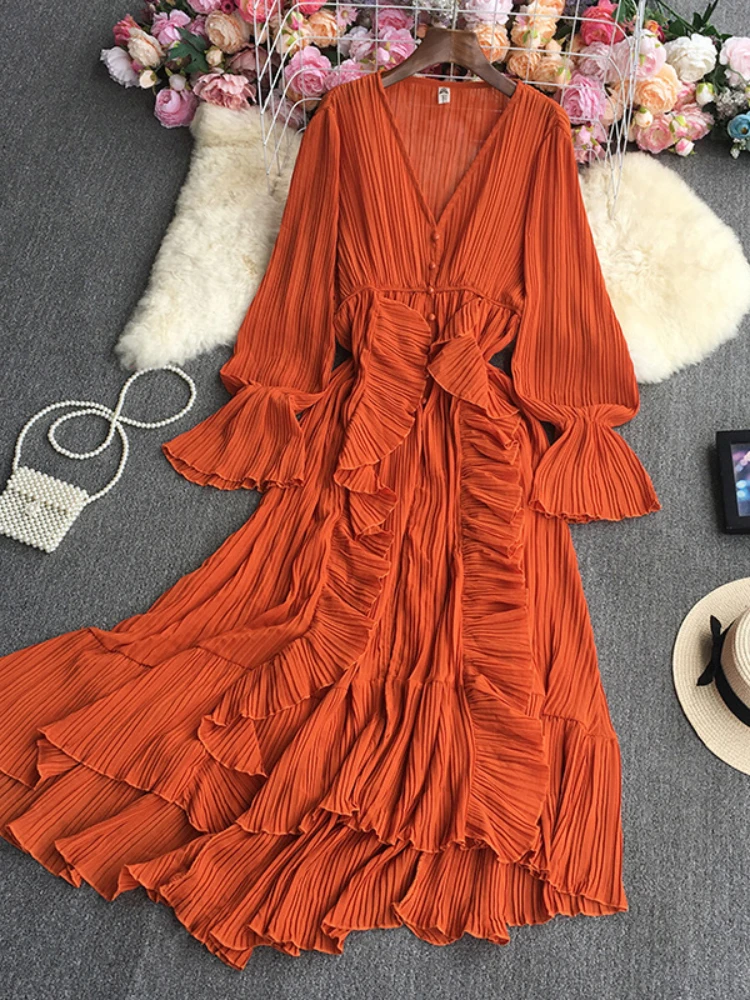 Purple/Brown/Red Chiffon Pleated Long Dress Women Vintage V-Neck Flare Sleeve Draped Ruffle Vestido Female Maxi Robe Spring Fall