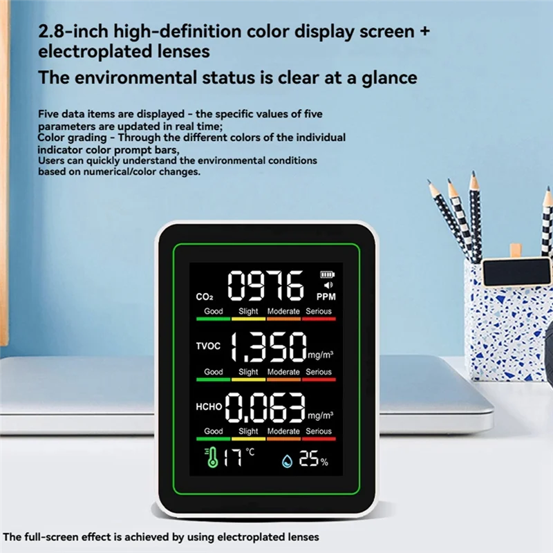 Monitor de qualidade do ar interno, monitor de co2/temperatura/detector de formaldeído tvoc para quartos, barracas de cultivo com suporte
