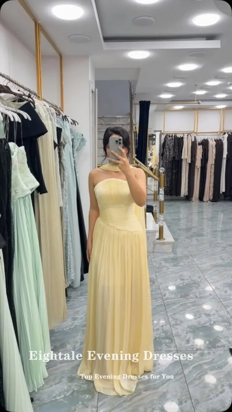 Eightale Arabic Evening Dress Floor Length Strapless Customized Pleats Elegant Prom Yellow Wedding Party Gown