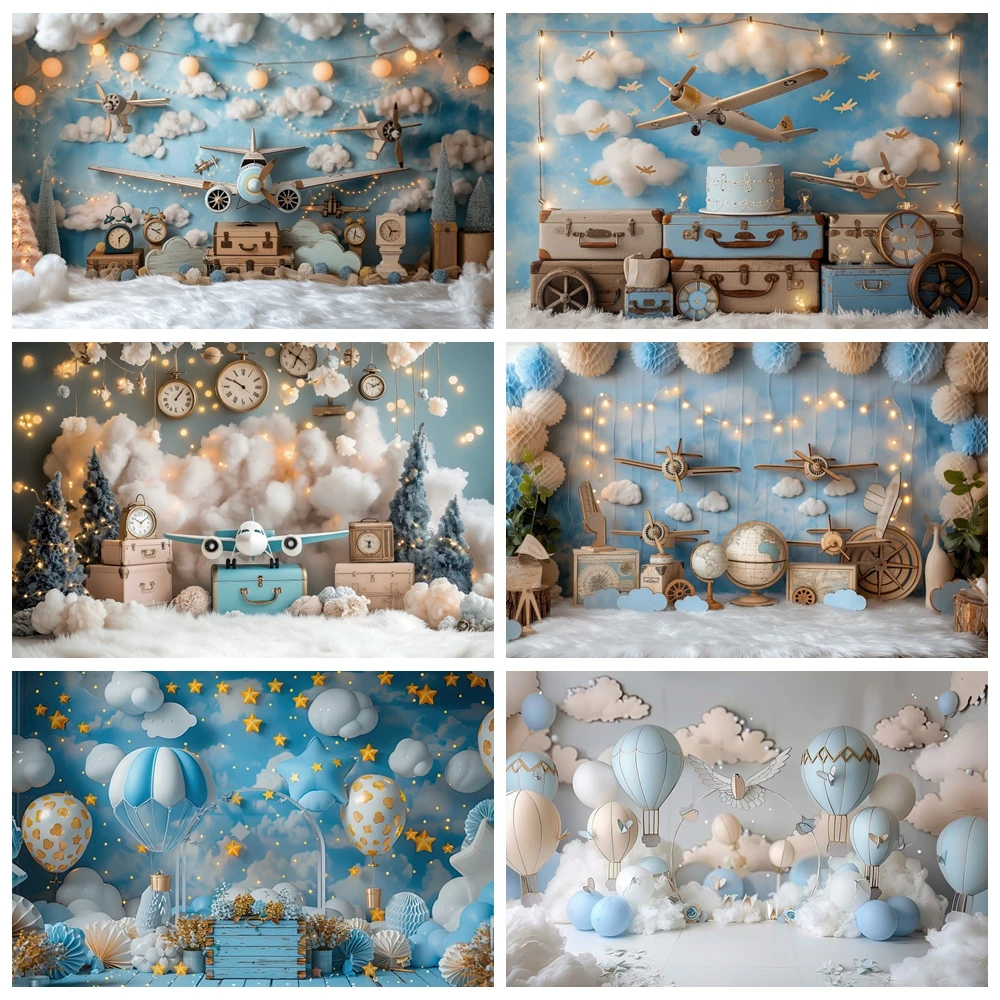 Fondo de avión con globos de aire caliente para Baby Shower, nube, mapa de avión, oso de peluche, niños y niñas, fondo de fotografía para fiesta de 1er cumpleaños