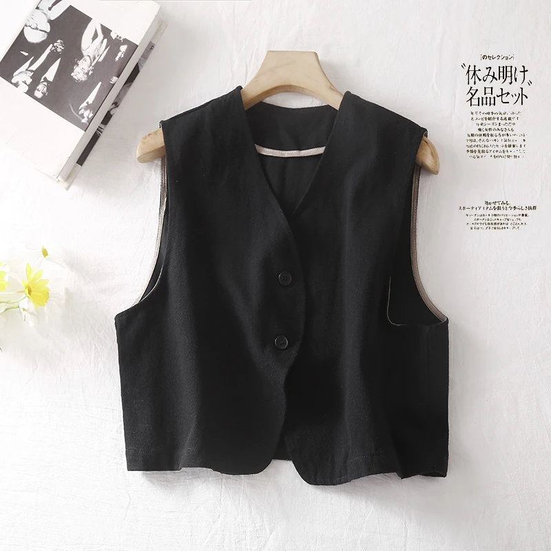 Spring Summer Women's Black Beige Cropped Vest Korean Style Fashion Streetwear Sleeveless Cotton Jacket Coat Basic Cover Ups