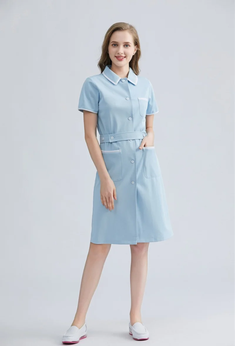 

Women's Summer Beauty Salon Nursing Uniform Chemist's Shop Clinic Short Sleeve Fashionable Working Wear With Waistbelt Slim Fit