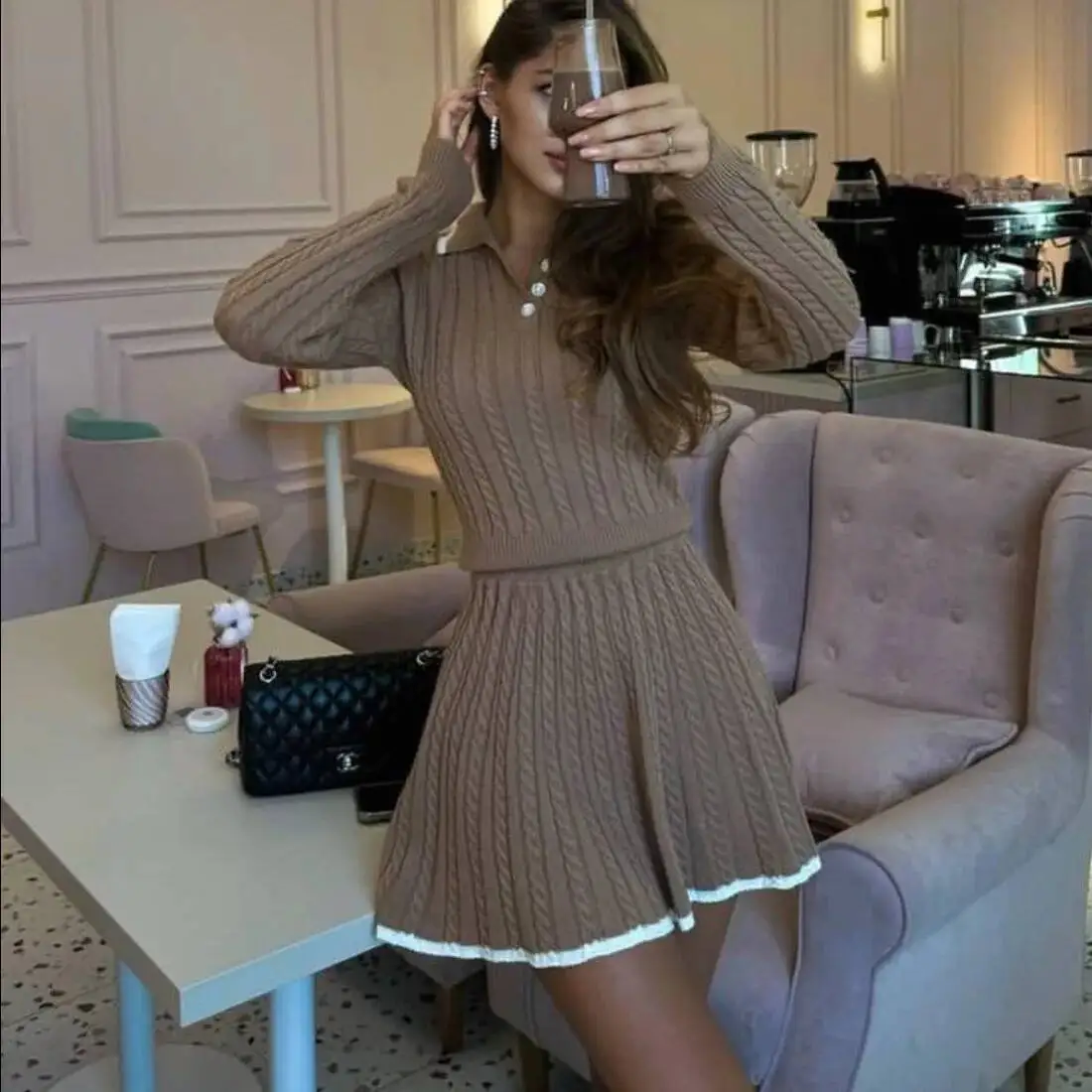 

Short Skirt Set Women's 2025 Autumn Winter Long-Sleeved Button Turn-Down Collar Knitted Top Fashionable Campus Style