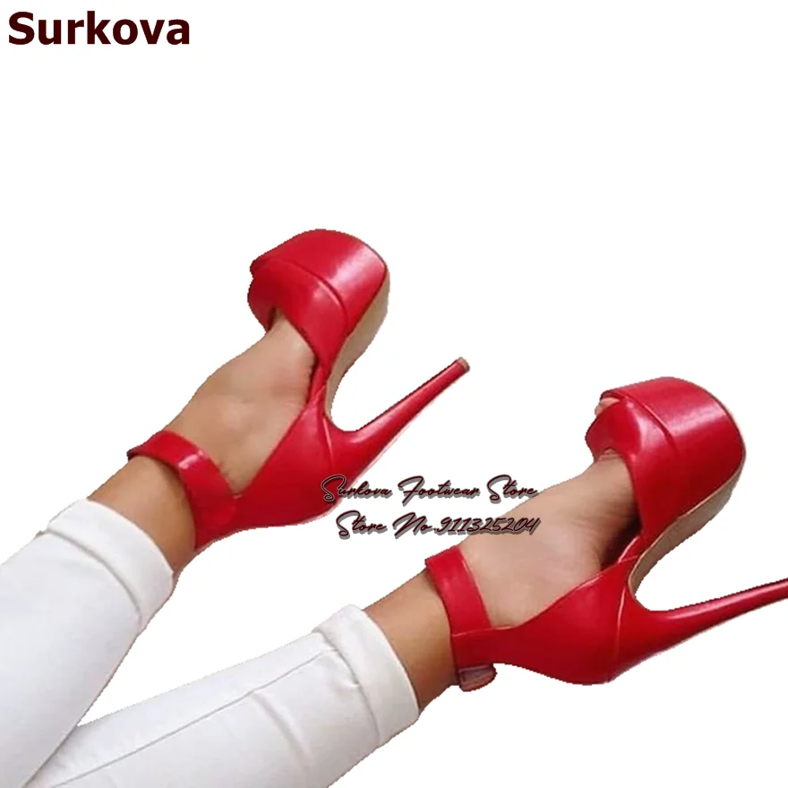 Surkova Red Matte Leather Stiletto Heel Sandals Platform Open Toe Ankle Strap Dress Shoes Sky High Elegant Wedding Pumps