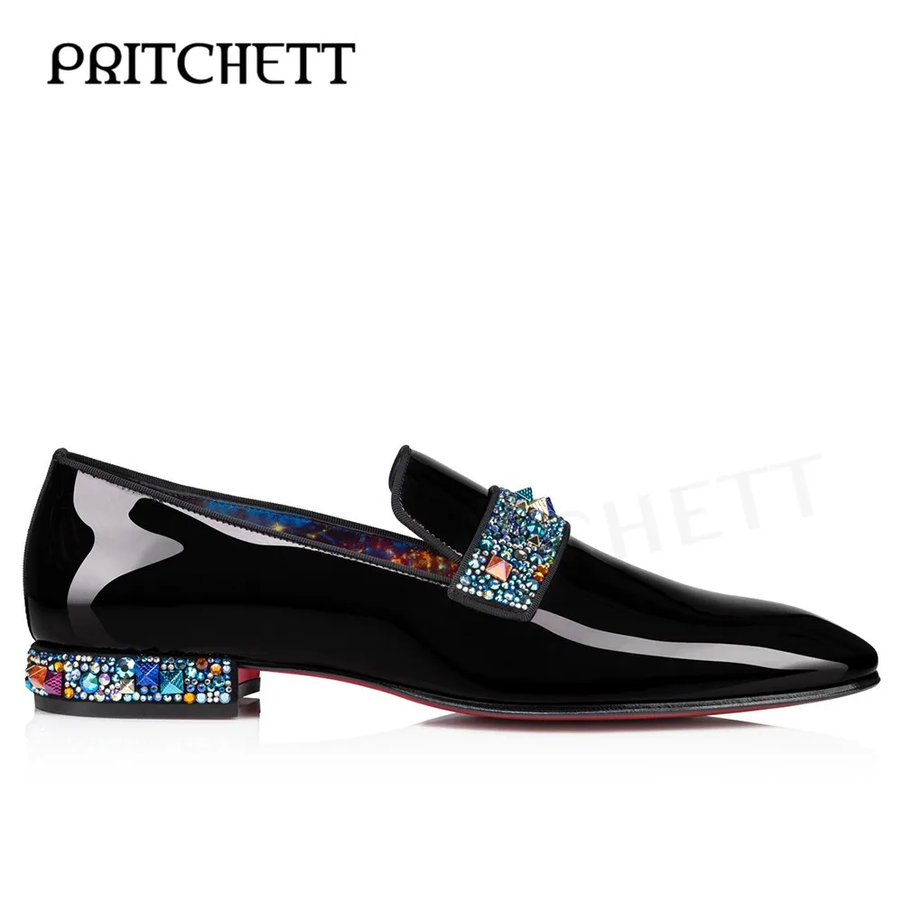 Colored Crystal Gem Loafers Black Patent Leather Luxury Rhinestone Decoration Personality Men's Shoes Large Size Leather Shoes