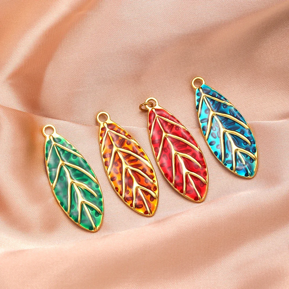 5pcs/lot Colorful Leaf Charms Stainless Steel Gold Base Enamel Pendants for DIY Necklaces Earrings Jewelry Making Materials Bulk