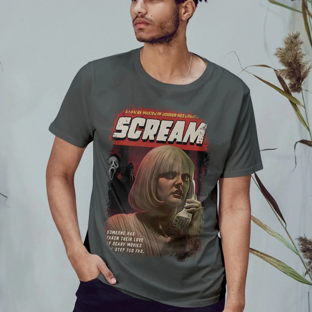 تي شيرت ملهم لملصق فيلم Scream: رعب ريترو 90s نمط ثقيل الوزن من القطن الخالص بطبقة أساسية لجميع المواسم