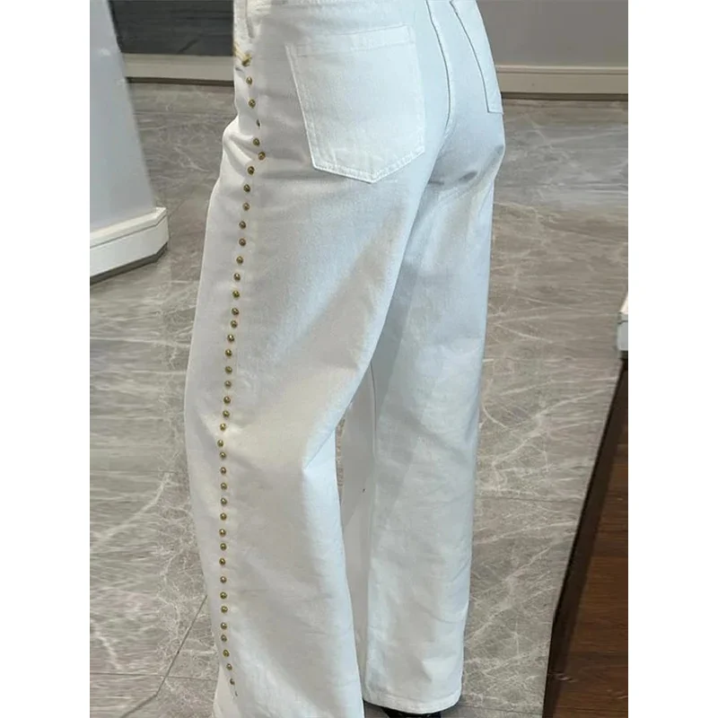 

JINIA Women's Beaded Wide Leg Pants Streetwear Trousers with Patchwork Pockets SS25 Boho Summer Pants Button Zipper Design