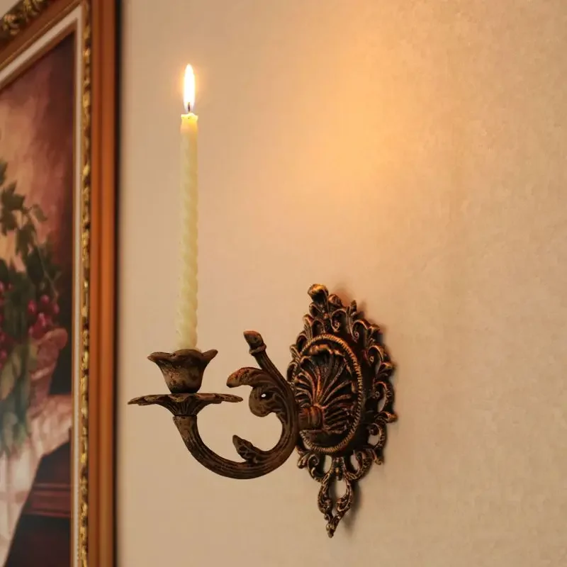 Wall Hanging Candlestick Retro Wrought Iron Bronze Wall Decoration Candle Holder French Wall Wrought Iron Garden Decorative Hook