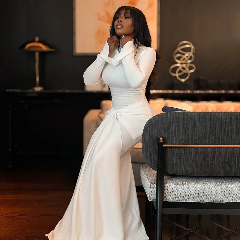 Ele Color puro Slim Fit largo Sve Wrap Dr mujer Otoño Invierno cintura alta pajarita vestido fibra de poliéster Dr