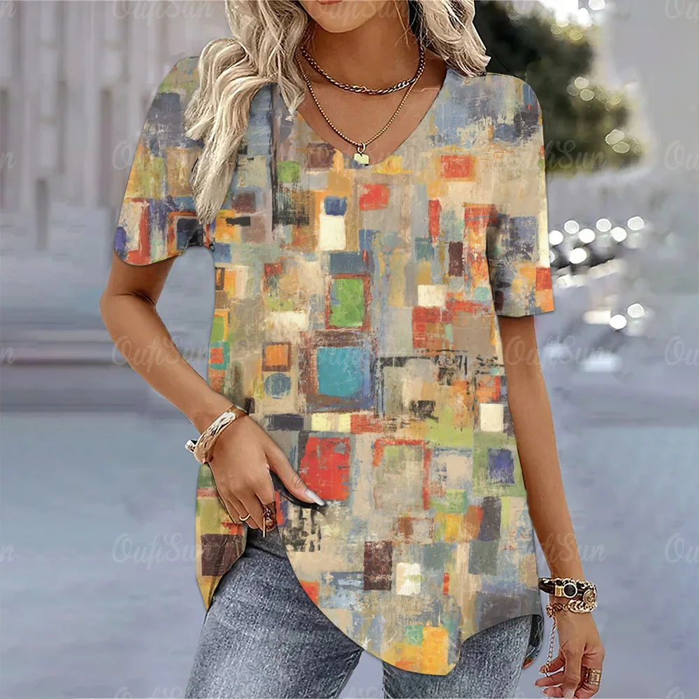 Camiseta con estampado en 3d para mujer, remera Harajuku degradada, ropa de gran tamaño, Top de manga corta con cuello en V