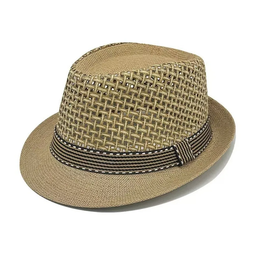 Sombrero Panamá de ala corta para hombre, transpirable, de paja tejida calada, ligero, parasol, gorra de playa para vacaciones, moda.
