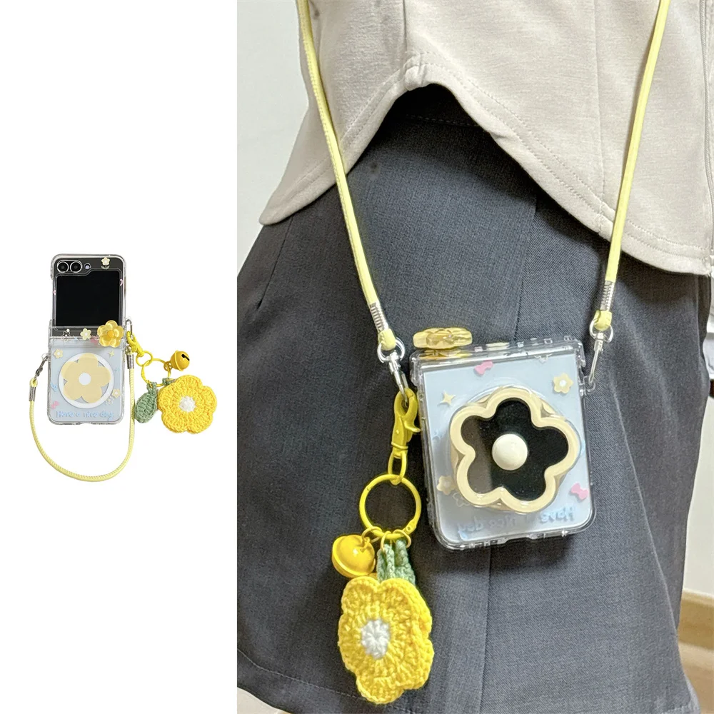 

Cute Flower Mirror with Magsafe Magnetic Holder Phone Case for Samsung Galaxy Z Flip 7 Flip 5 flip 6 7 Cover Crossbody For Women