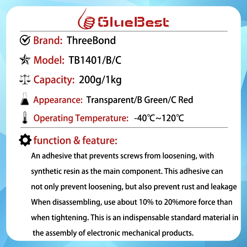 ThreeBond TB1401/B/C Removable Thread Locker Anaerobic Screw Red Green Curing Agent TB-1401 Original Product