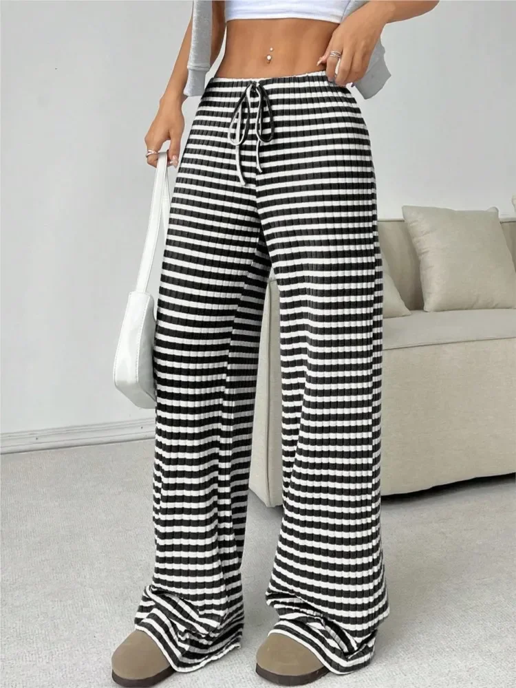 Spring Autumn Women's New Casual High Waist Drawstring Striped Printed Striped Elastic Rope Cotton Straight Leg Pants