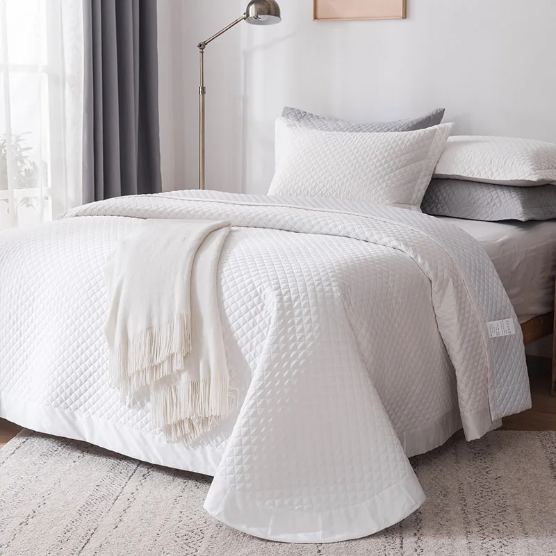 Elegant Silky Cotton Quilt Bedspread Set 3-Pieces Solid Color Cooling Summer Lightweight Comforter Coverlet Home Decor Bedding