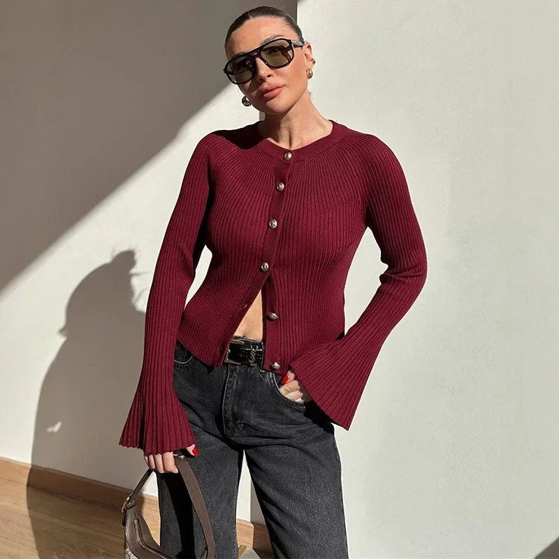 

Long Sleeve Knitted Cardigan For Women Solid Rib Single Breasted Sweater Slim Fashion 2025 Autumn Winter Female Knit Top