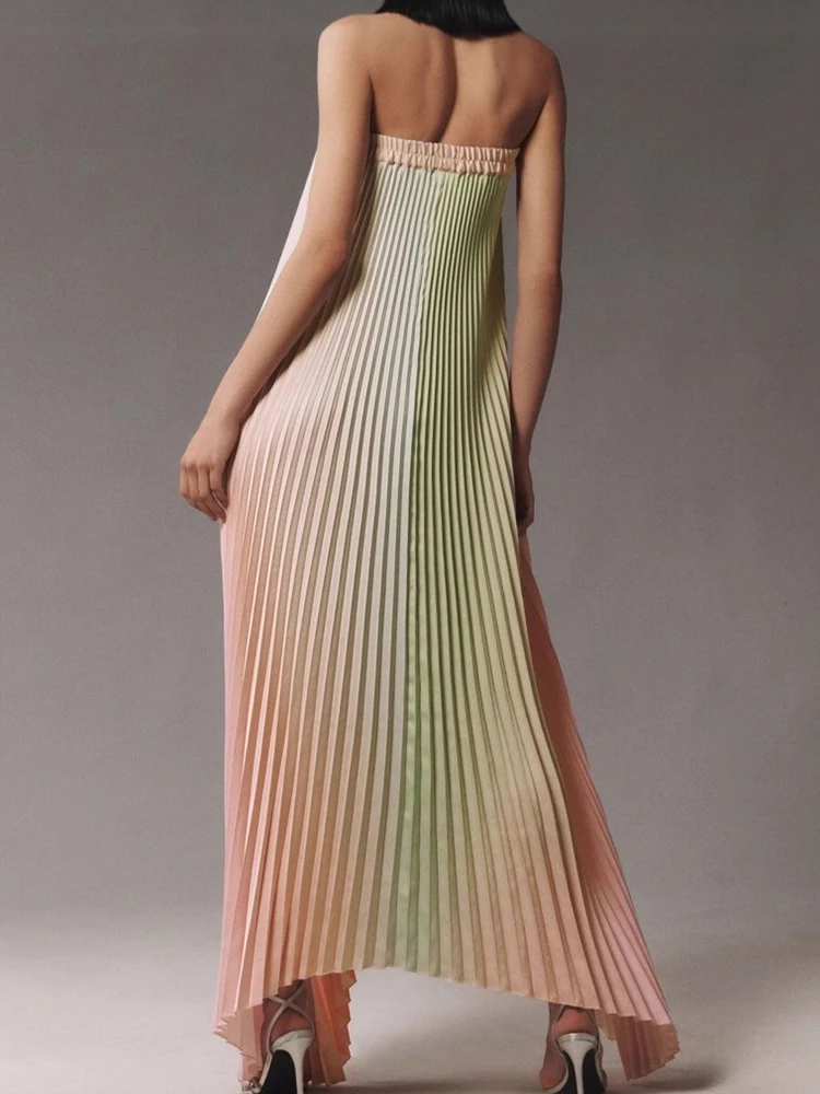 Sommerurlaub Farbverlauf Patchwork Maxikleid, Damenmode trägerloses elegantes Partykleid, ärmelloses einfaches schickes Damenkleid