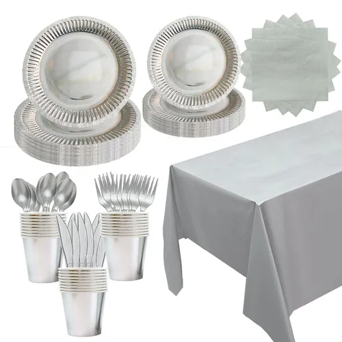 실버 단색 일회용 식기 접시 컵 빨대 식탁보, 성인 생일 파티 장식, 결혼 용품