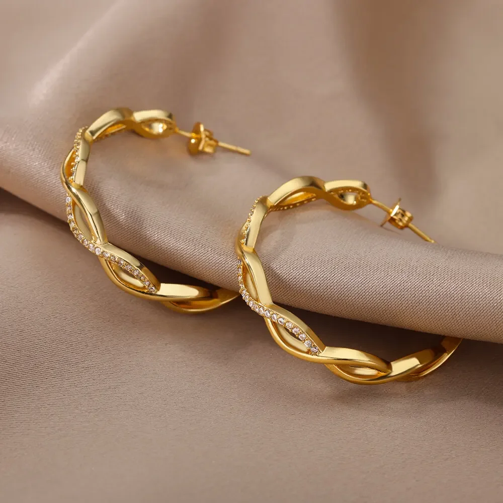 Zircon Hollow Twist Wave Hoop Earrings For Women Stainless Steel Gold Plated Round Earring 2022 Trend Jewelry Christmas Gifts