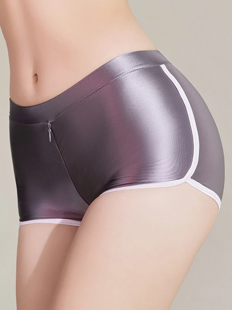 

Shiny Glossy Women Boxer Zipper Open Crotch Shorts Push Up Butt High Waisted Control Tummy Sexy Casual Shorts Lift Hip Shapewear