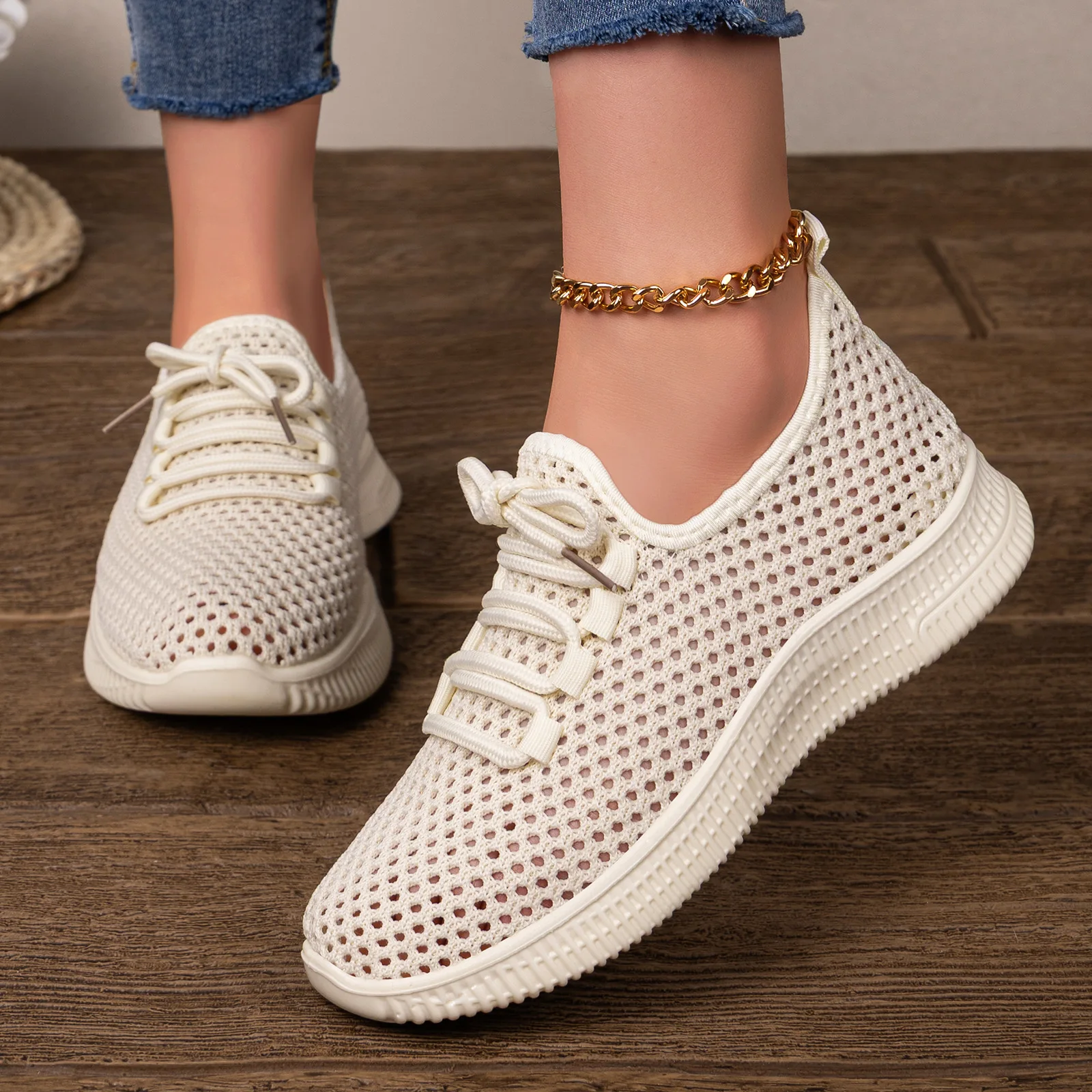 Women Hollow Mesh Sneakers Casual Breathable Walking Shoes Lightweight Lace Up Platform Knit Flats Outdoor Sport Shoes Female