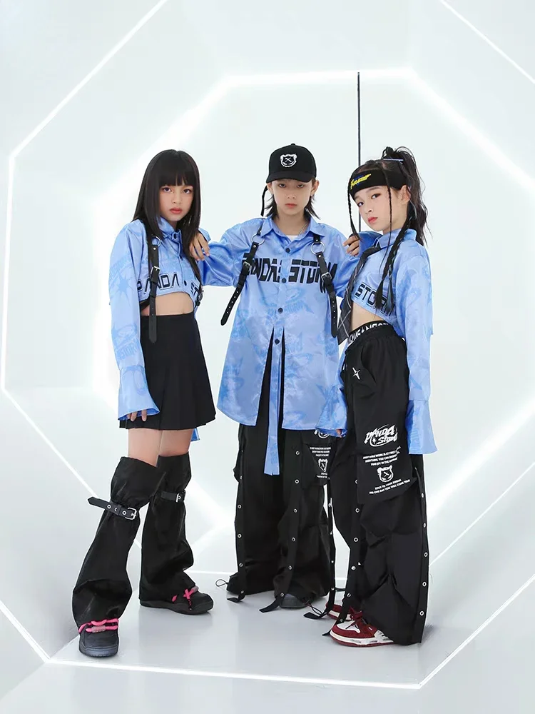 

New Boys Jazz Dance Costumes Blue Shirts Baggy Pants Hip Hop Performance Clothes Girls Drum Concert Stage Outfit Streetwear