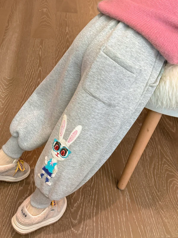 

Свободные повседневные брюки на подкладке для девочек, длинные брюки с высокой талией и принтом кролика, модная детская спортивная одежда с нашивкой Ba