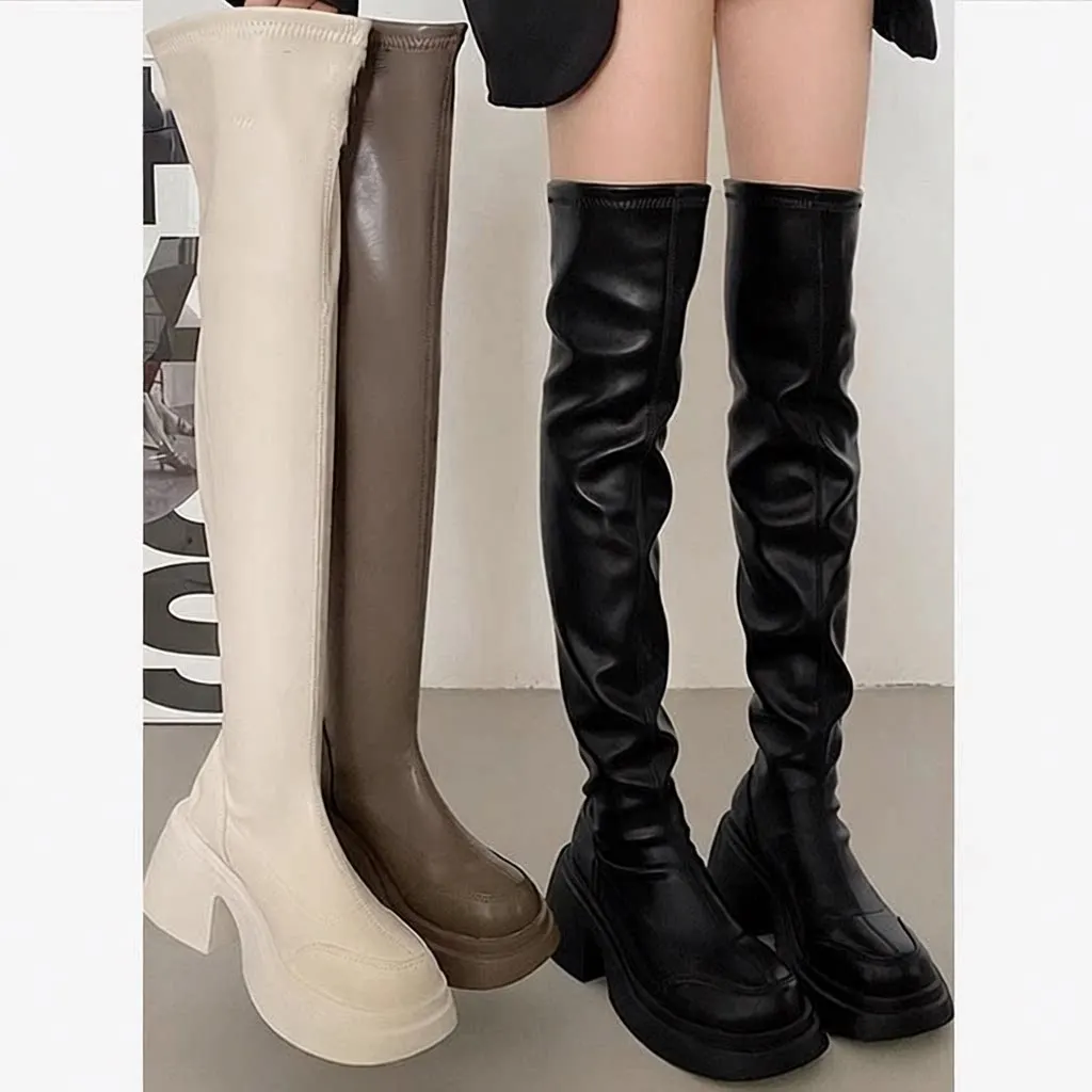 

Women's over Knee Boots Thick Heel Elastic White Long Tube Boots Autumn New Style plus Size Shoes Korean Style PU Material