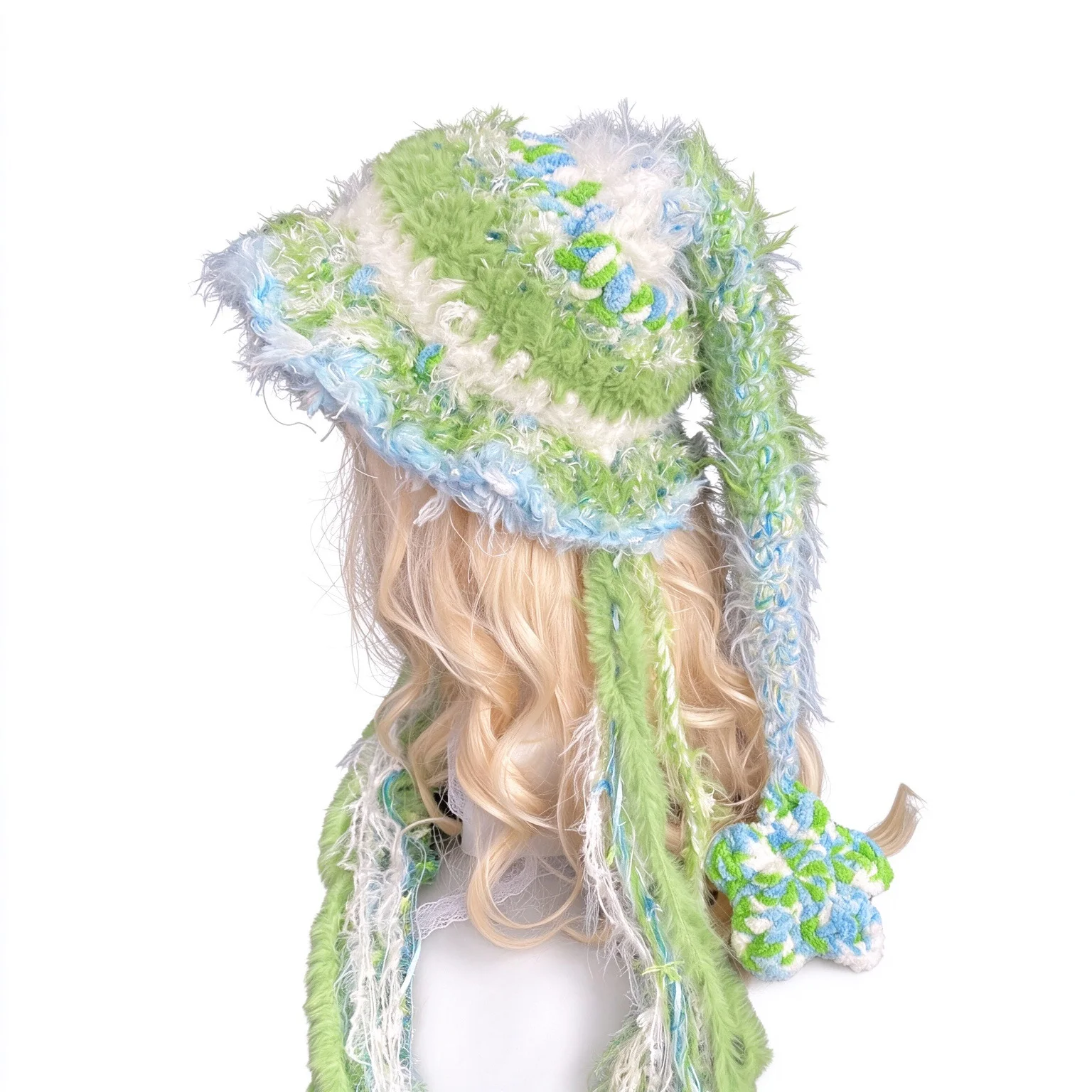 Handmade Blue Green Witch Hat Women Custom Crochet Plush Knitted Long Tassels Ruffled Brim Bucket Hat Girls Cosplay Woodland Cap