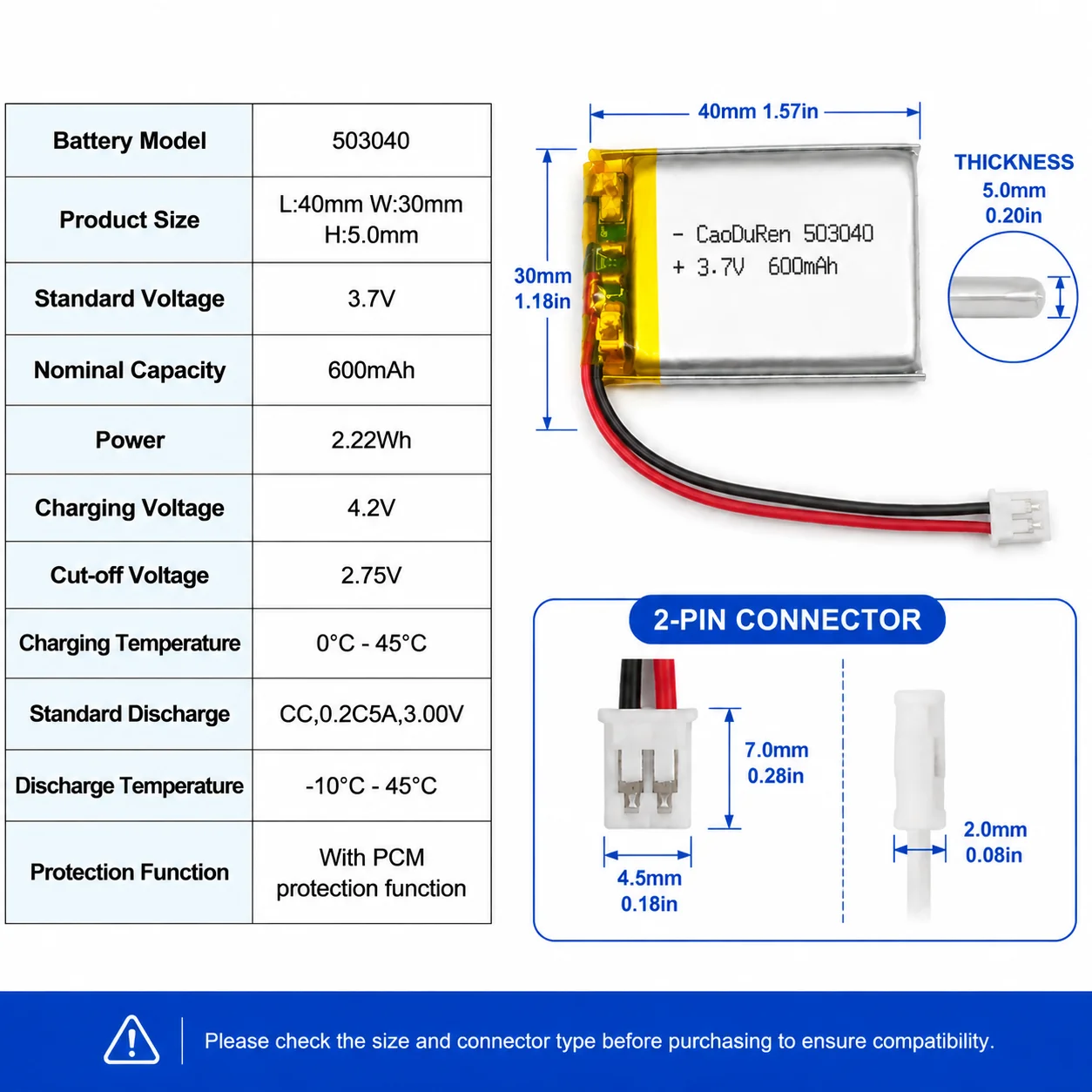 503040 Rechargeable 3.7V 600mAh Lithium Polymer Battery For ELECTRIC TOYS GPS MP3 TABLET DVD SMART WATCH CHARGING TREASURE POWER