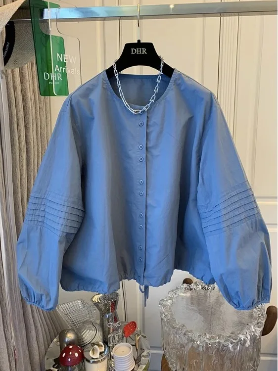 

Faionable Loose Long Sve round Ne irt Плиссированный дизайн Lantern Sve Цвет Повседневный свободный топ для женщин больших размеров