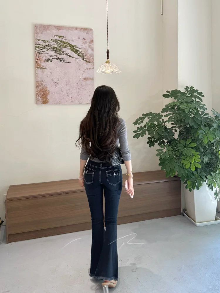 

Deep Blue High Waist Denim Pants Elastic Slimming Bootcut Floor-Length Trousers Ladies Casual Cotton Stretch Denim Jeans